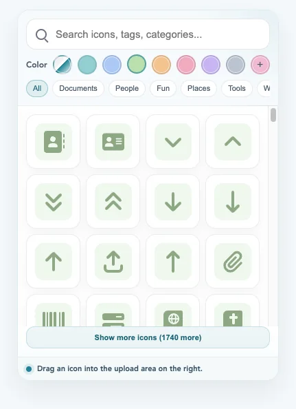 The rebuilt icon library: a search field, a row of colour swatches, category filters such as Documents, People and Places, and a grid of selectable icons.