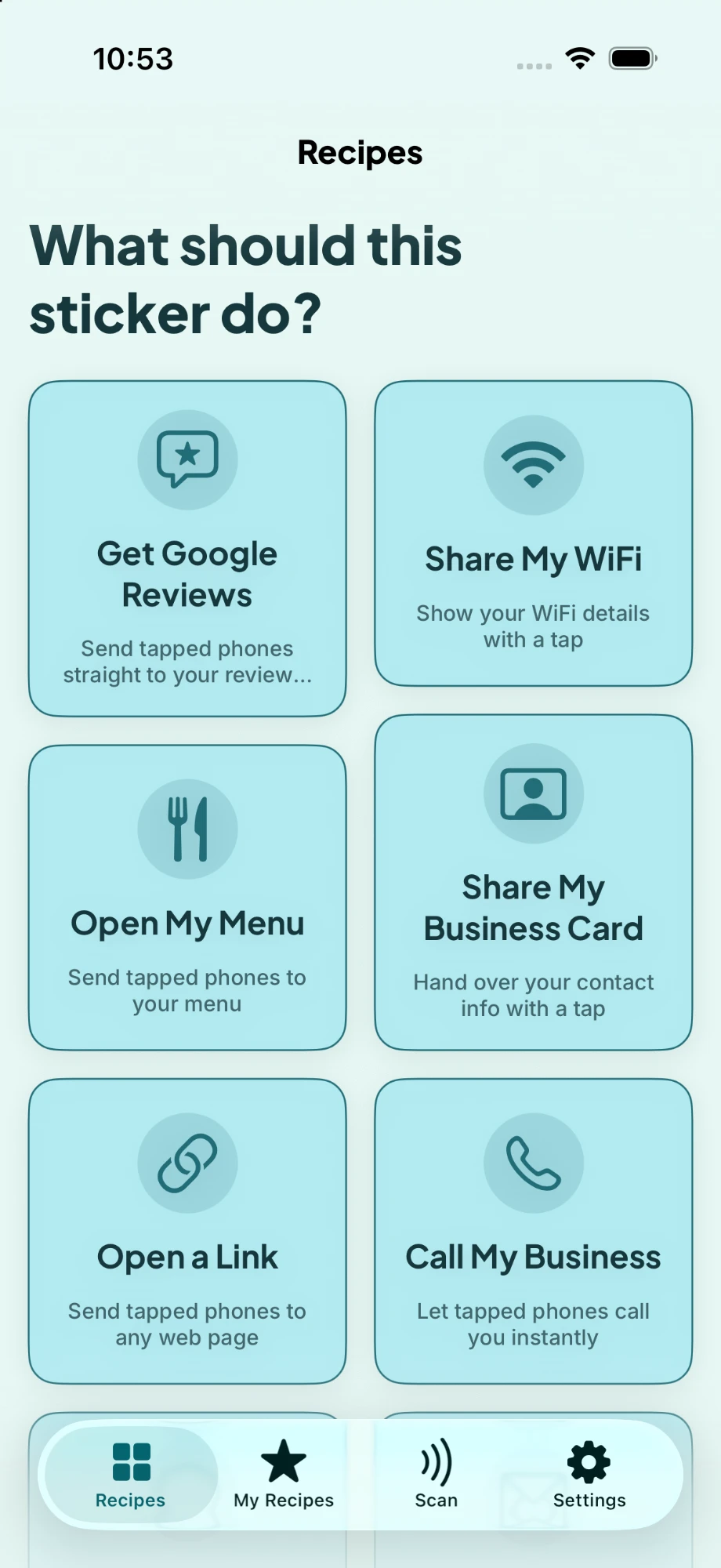 Tapkit recipe picker screen, showing ready-made NFC sticker recipes like Get Google Reviews, Share My WiFi and Open My Menu